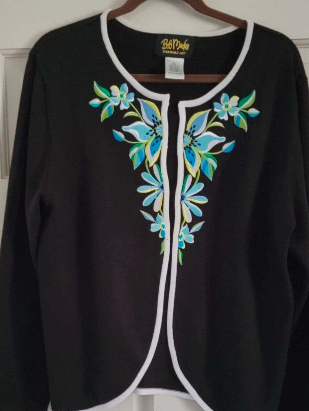 Bob Mackie open cardigan sweater black floral embroidery L XL cotton blend